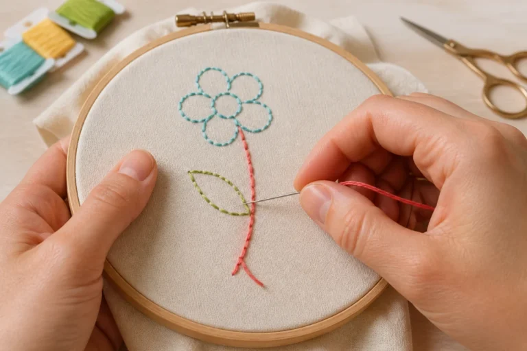 Apprendre la broderie pour débutants avec un point arrière sur tambour et fil coloré