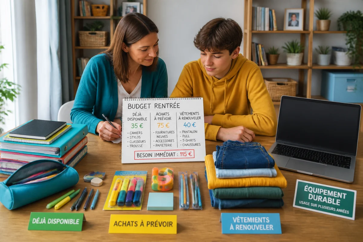 Parent et collégien organisent le budget rentrée scolaire 2026 en triant fournitures, vêtements et ordinateur durable
