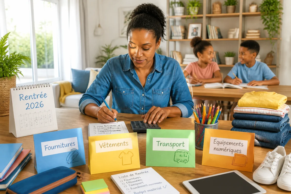 Parent organisant le budget rentrée scolaire 2026 avec enveloppes pour fournitures, vêtements, transport et équipements numériques
