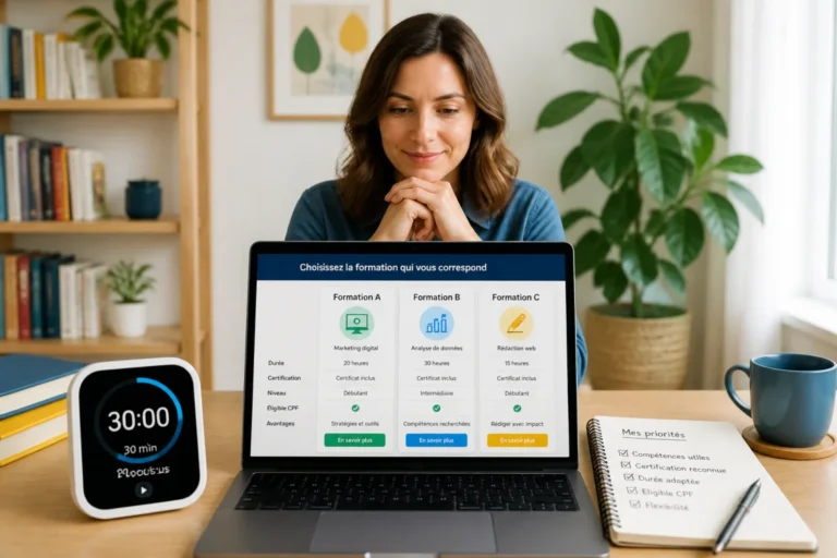 Personne comparant des formations en ligne certifiantes sur ordinateur, avec minuteur de trente minutes et carnet de décision ouvert