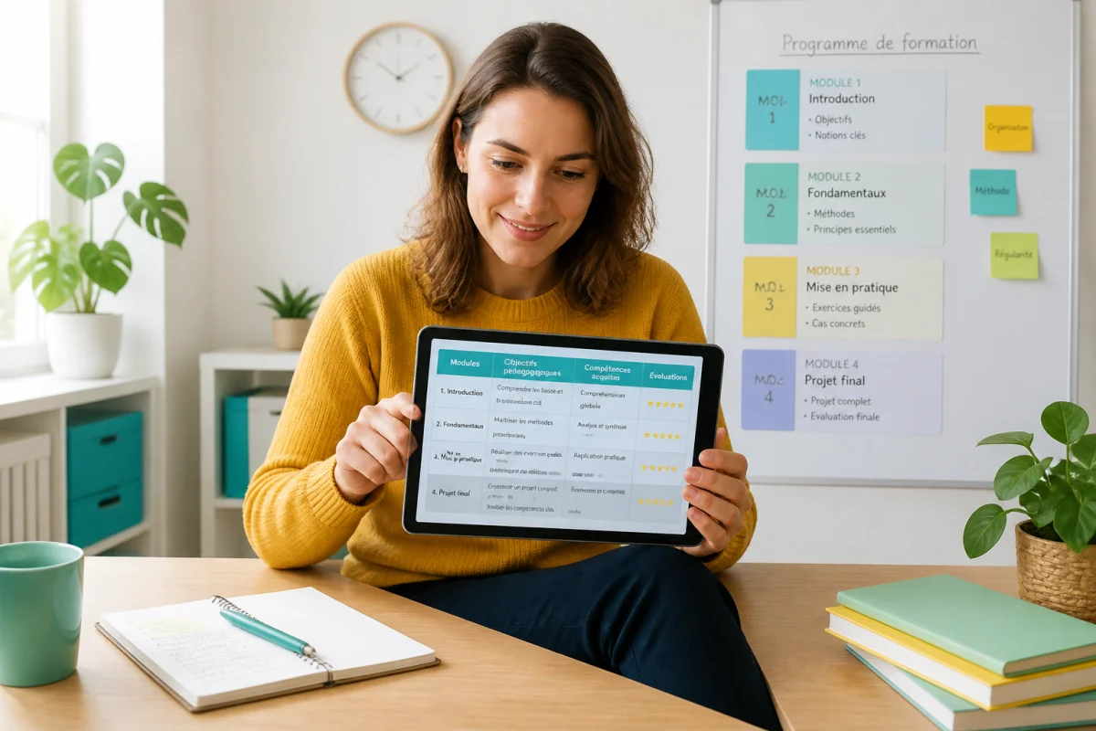 Adulte en reconversion évaluant une formation en ligne certifiante sur tablette dans un espace de travail lumineux