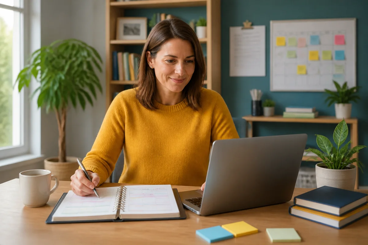 Adulte en reconversion consultant un ordinateur et un agenda pour choisir une formation professionnelle adaptée à son quotidien