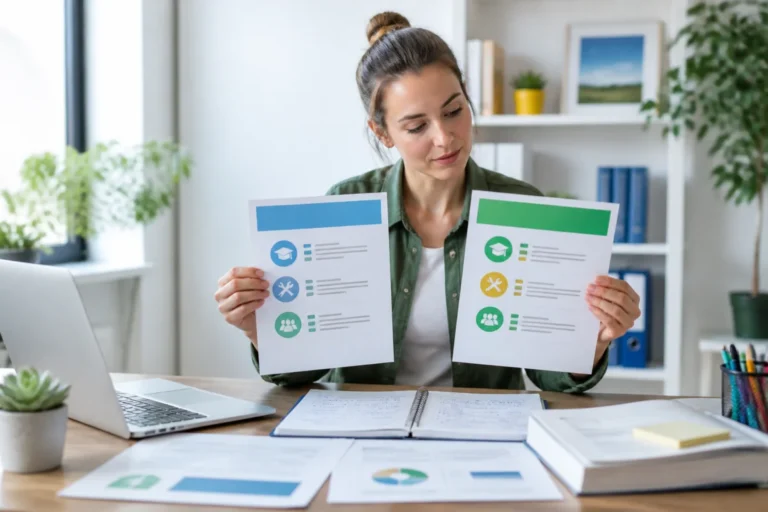 Adulte comparant deux programmes pour choisir une formation professionnelle adaptée, avec cours et notes organisées sur un bureau.