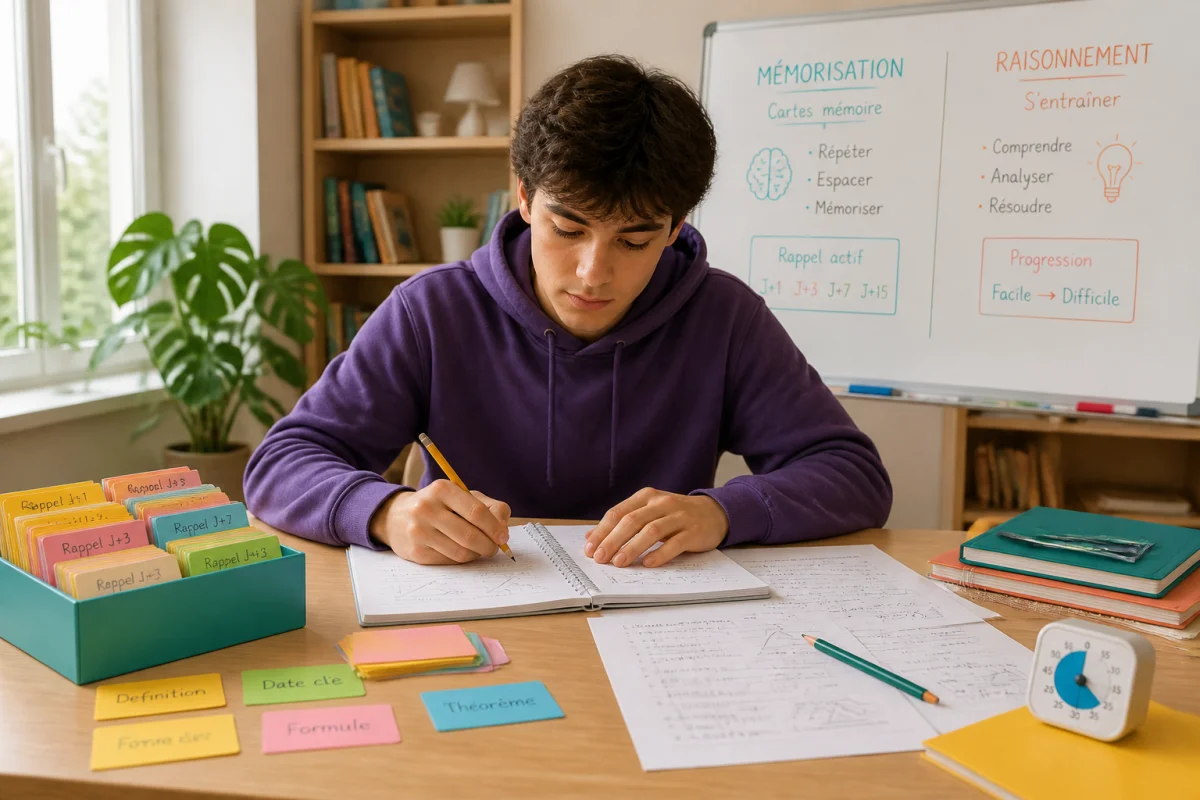 Étudiant choisissant une méthode de révision efficace entre cartes mémoire et exercices de raisonnement organisés sur son bureau