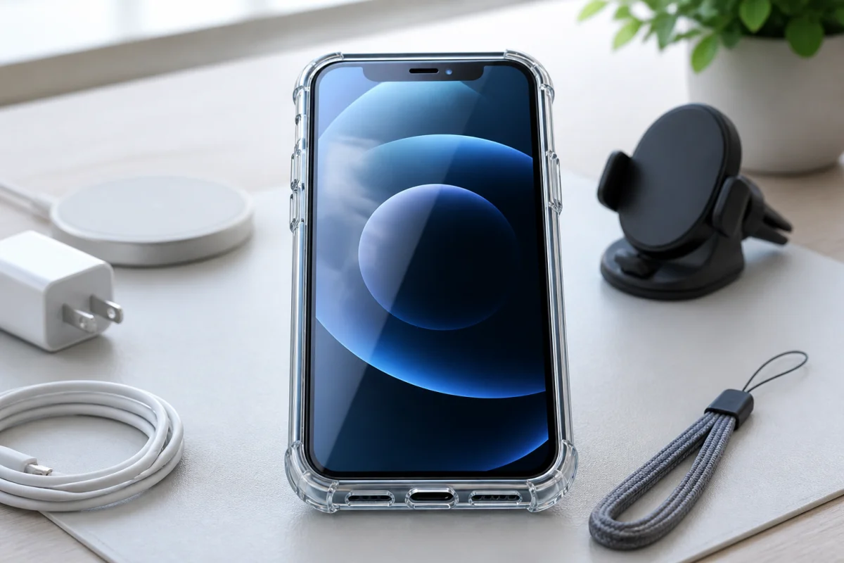 Smartphone récent dans une coque transparente renforcée, avec rebords surélevés et découpes précises pour une protection adaptée