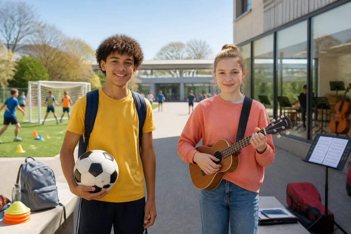 Deux collégiens de Dunant, avec ballon et instrument à cordes, dans la cour inclusive d’un collège public.