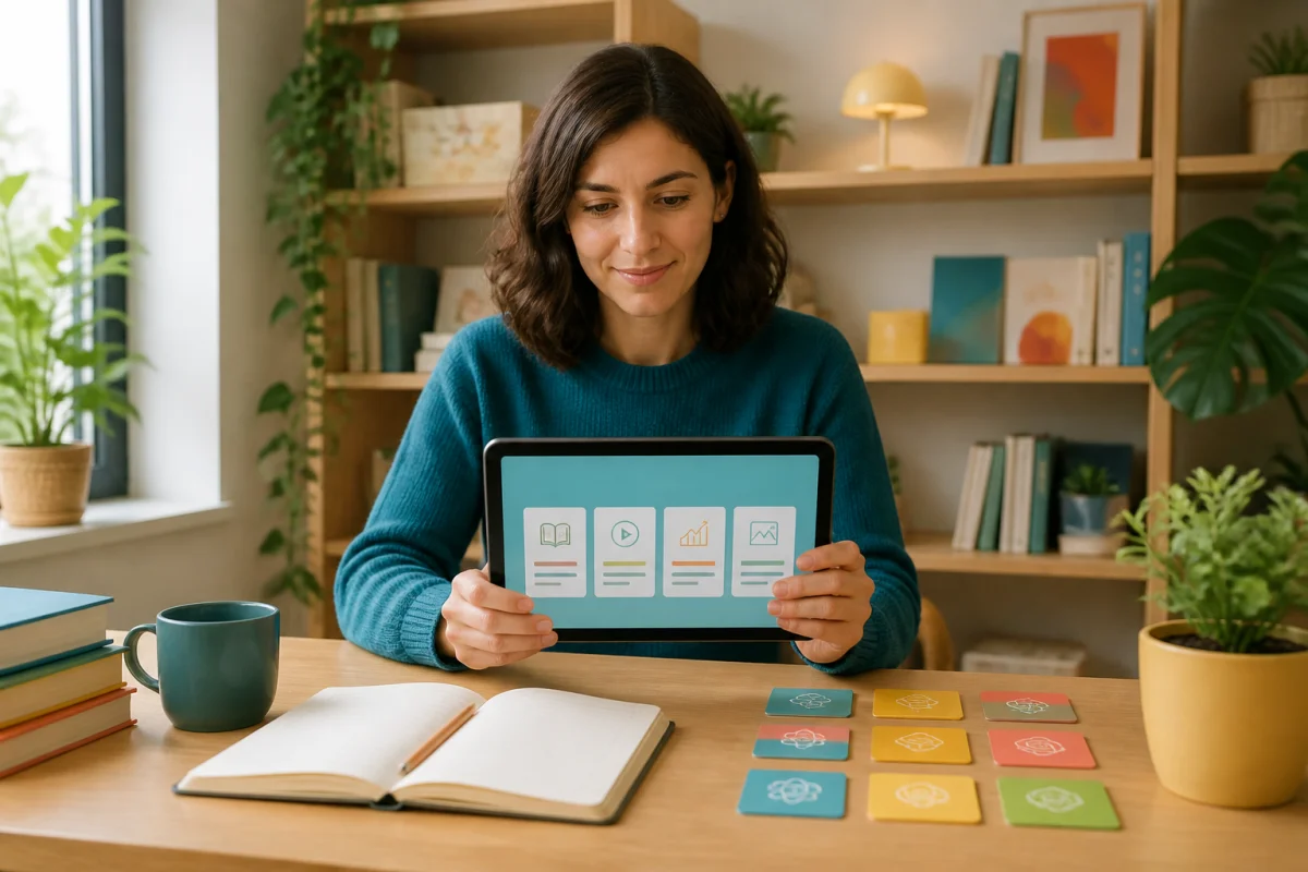 Personne consultant une tablette éducative dans un espace de lecture lumineux, symbolisant l’accès progressif à la connaissance et au savoir