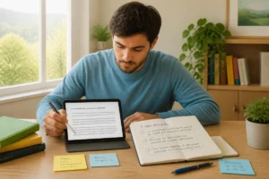 Jeune adulte découvrant Connaitre sur tablette et notant trois idées essentielles dans un carnet, dans un bureau lumineux
