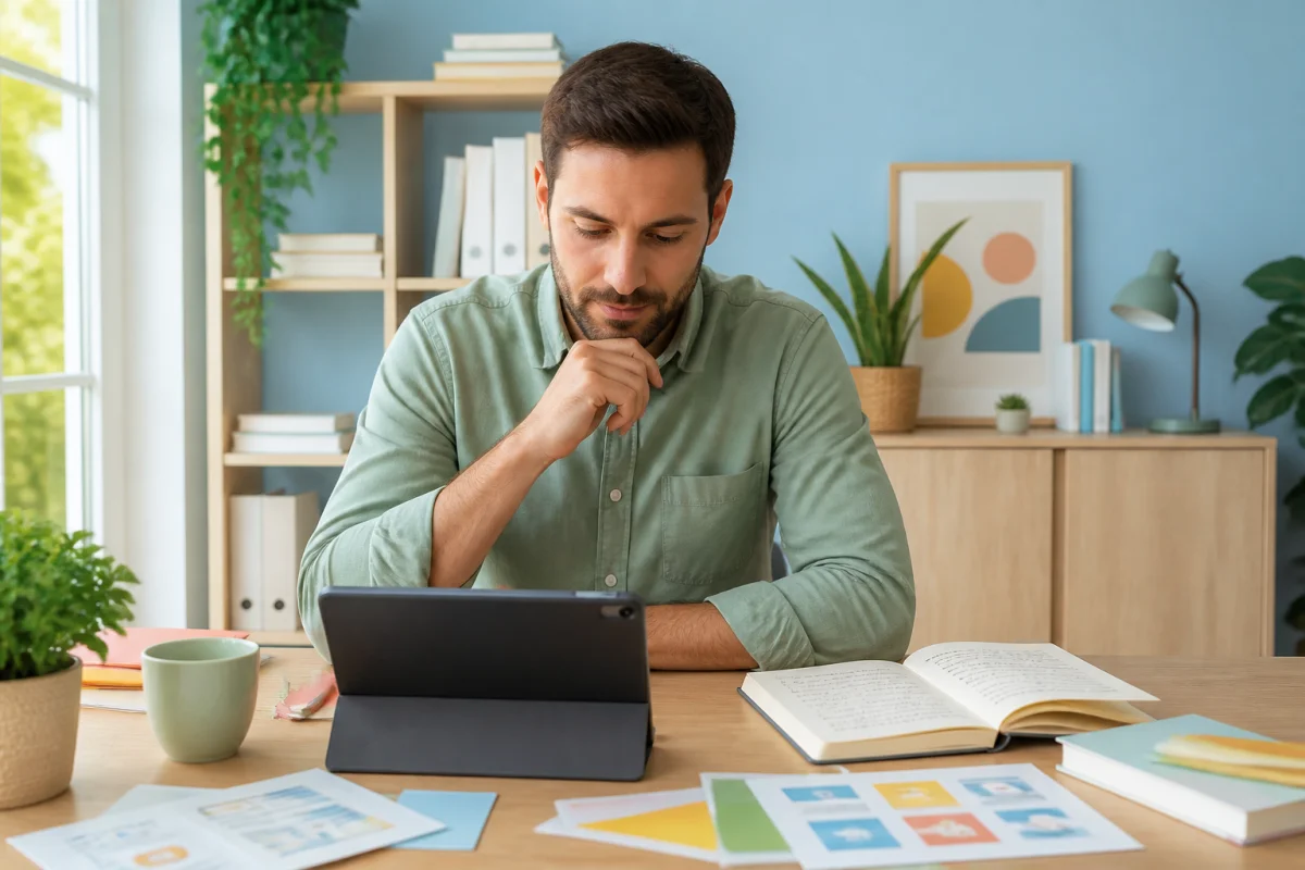 Adulte consultant une tablette et des supports pédagogiques dans un espace de formation lumineux et serein avec Cool Training