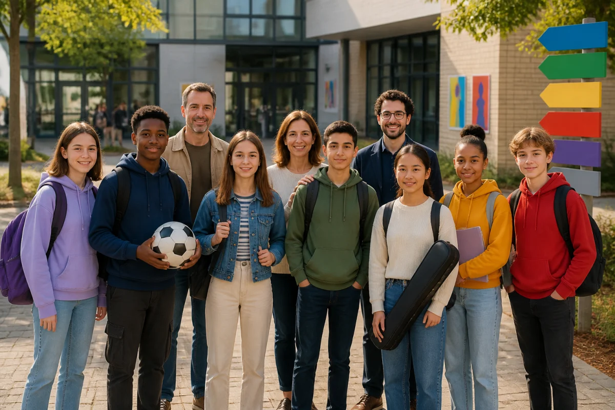 Élèves, parents et personnel éducatif devant le collège public Dunant à Meaux, symbole de diversité et d’inclusion