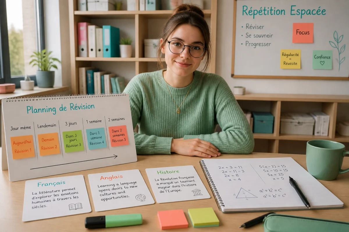 Étudiante organisant un planning de répétition espacée avec fiches de révision et calendrier dans une bibliothèque lumineuse