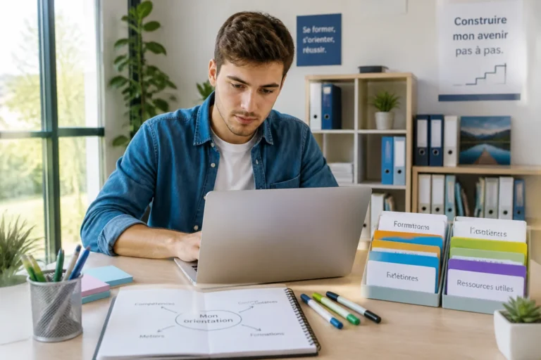 Jeune adulte préparant son orientation professionnelle devant un ordinateur dans un espace de Formation Cma92 lumineux et moderne