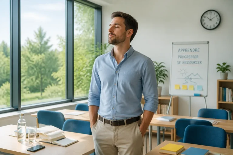 Adulte en formation respirant calmement près d’une fenêtre, illustrant la gestion du stress en formation