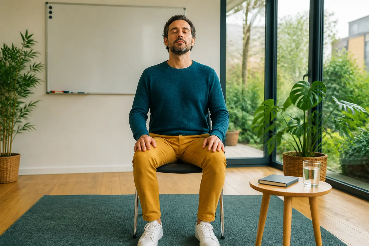 Adulte en formation pratiquant une respiration lente, assis sereinement dans une salle lumineuse pour gérer son stress