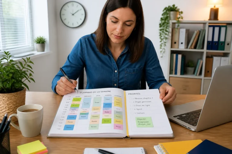 Adulte organisant son agenda hebdomadaire pour une gestion du temps en formation, entre apprentissage, pauses et tâches quotidiennes
