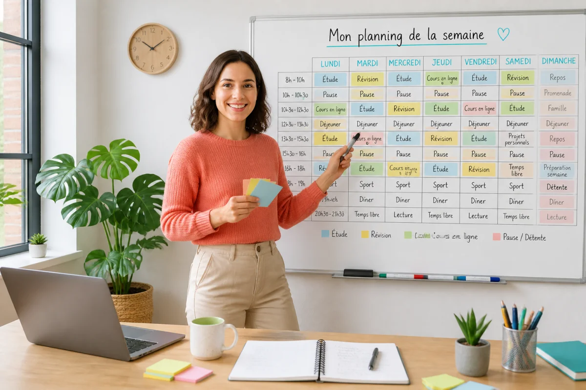 Adulte en formation organisant un planning hebdomadaire équilibré avec créneaux d’étude, pauses et révisions au tableau