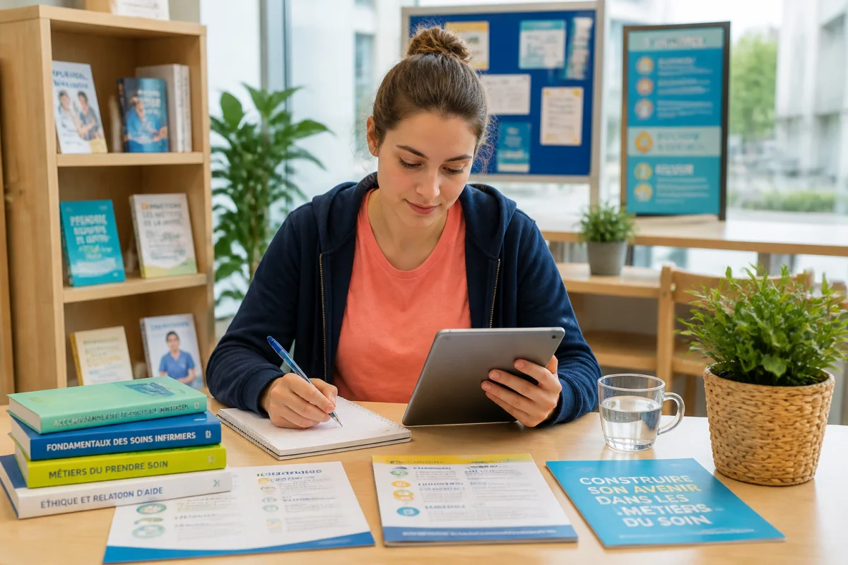 Jeune adulte consultant des ressources pour construire son projet de formation à l’Ifsi Ifas Puer Saintdenis, avec carnet et tablette.