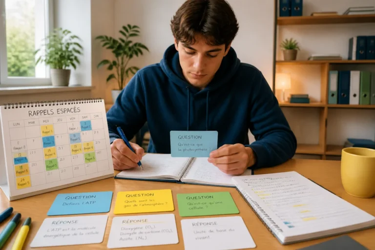 Étudiant concentré révisant avec fiches et calendrier de rappels espacés sur un bureau organisé et lumineux