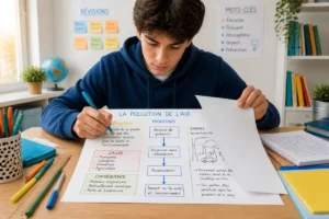 Étudiant concentré complétant une fiche visuelle à étapes, illustrant des méthodes d’apprentissage efficaces avec schéma, mots-clés et flèches