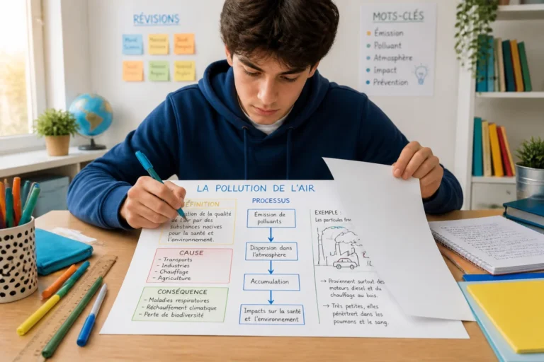 Étudiant concentré complétant une fiche visuelle à étapes, illustrant des méthodes d’apprentissage efficaces avec schéma, mots-clés et flèches
