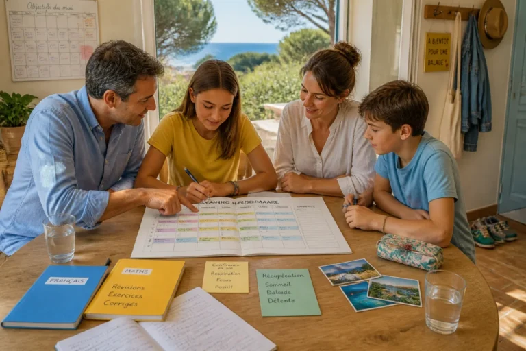Famille organisant un planning de révisions hebdomadaire selon des méthodes d’apprentissage efficaces, autour d’une table lumineuse