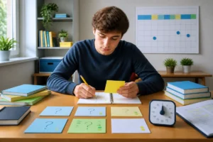 Étudiant concentré utilisant des méthodes d’apprentissage efficaces avec fiches de révision et calendrier pour retenir durablement