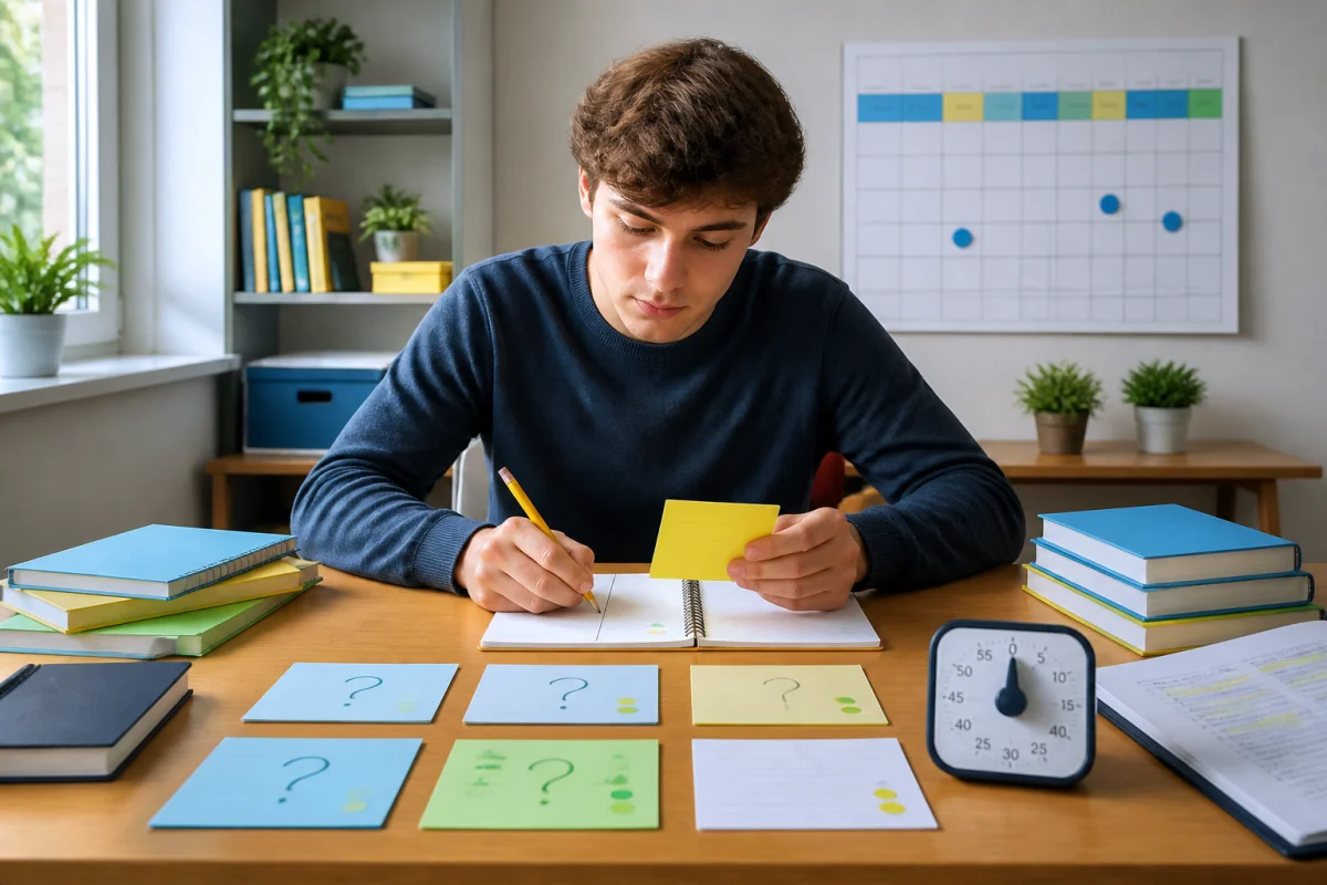 Étudiant concentré utilisant des méthodes d’apprentissage efficaces avec fiches de révision et calendrier pour retenir durablement
