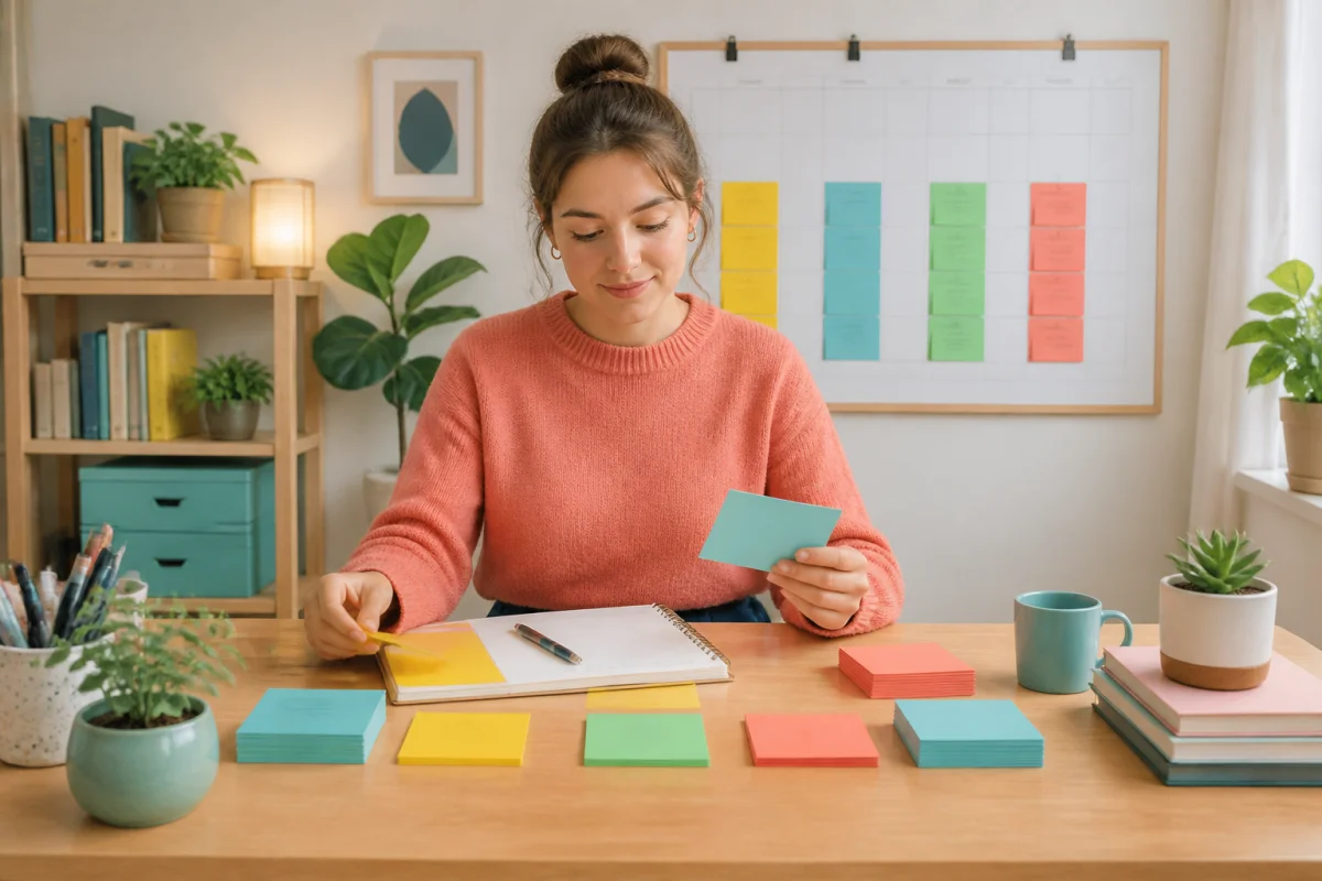 Étudiante révisant du vocabulaire avec des cartes mémoire, illustrant des méthodes d’apprentissage efficaces et la répétition espacée