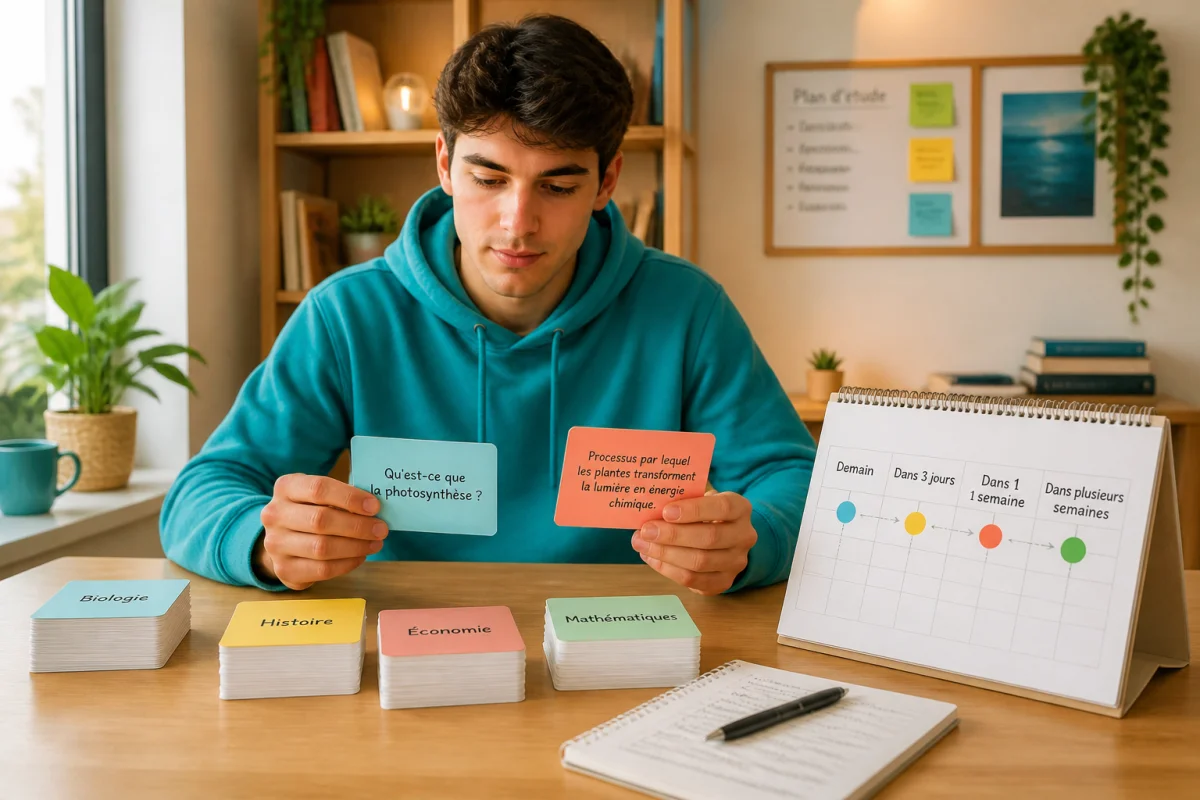 Jeune adulte révisant avec des cartes mémoire et un calendrier de rappels espacés dans un coin d’étude lumineux