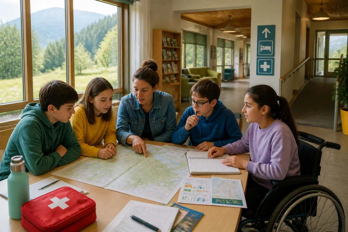 Enseignante et élèves organisant une classe découverte inclusive autour d’une carte, d’un itinéraire et d’activités pédagogiques