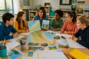 Élèves préparant une classe découverte autour d’une carte et de carnets, accompagnés par leur enseignante en salle de classe