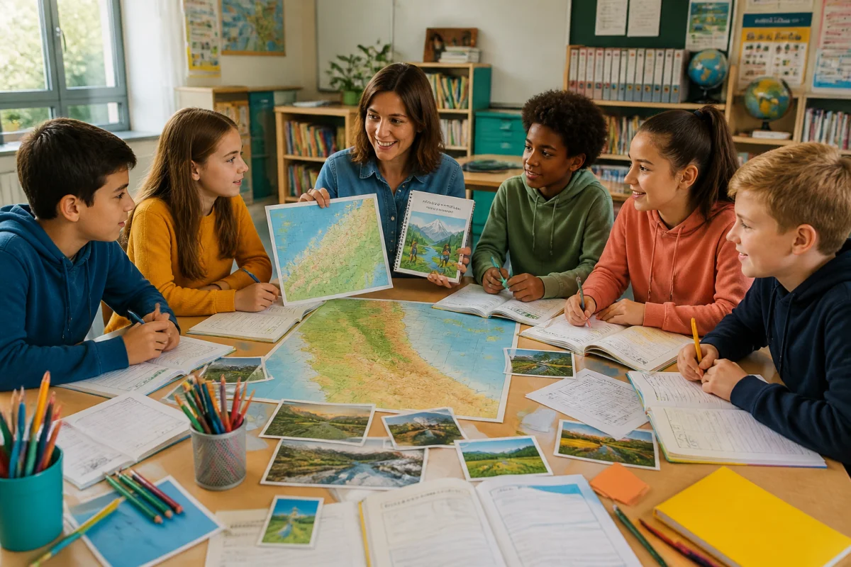 Élèves préparant une classe découverte autour d’une carte et de carnets, accompagnés par leur enseignante en salle de classe