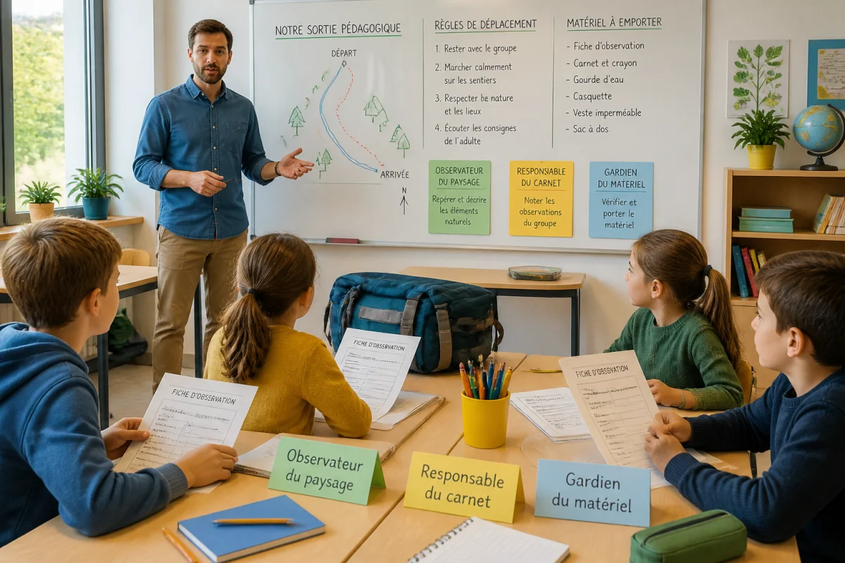 Enseignant présentant l’organisation d’une sortie pédagogique à des élèves attentifs en classe lumineuse et ordonnée