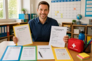 Enseignant organisant une sortie scolaire avec formulaires d’autorisation, plan de trajet et trousse de premiers secours