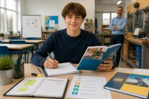 Élève préparant son orientation après le collège entre cahier de formation, outils professionnels et accompagnement d’un formateur