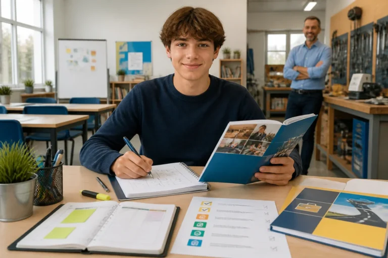Élève préparant son orientation après le collège entre cahier de formation, outils professionnels et accompagnement d’un formateur