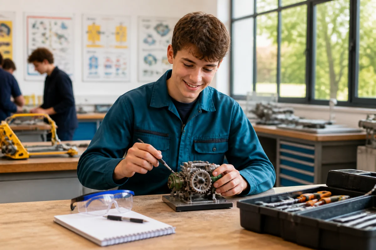 Élève découvrant un atelier professionnel avec outils et maquette technique pour réussir son orientation après le collège