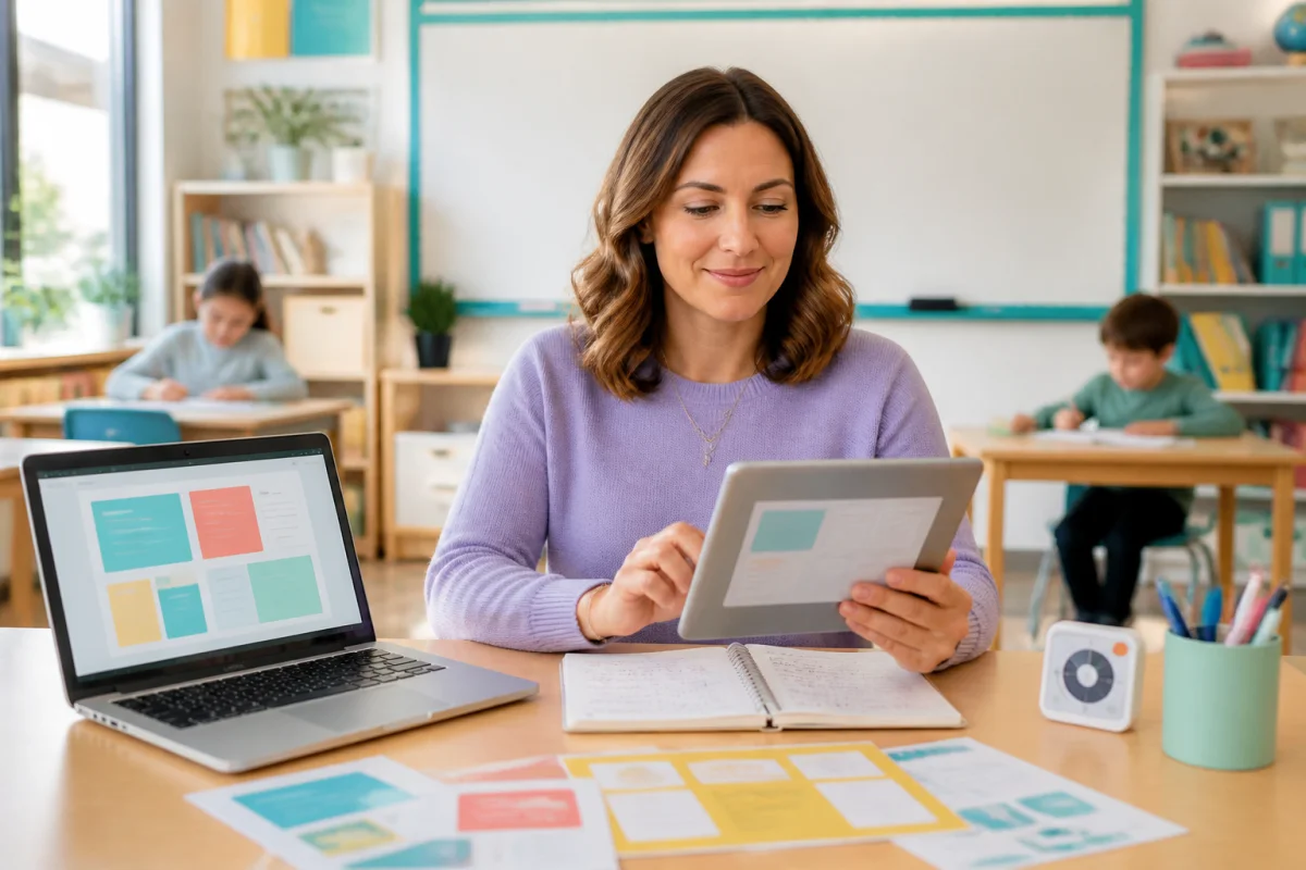 Enseignante utilisant une tablette et un ordinateur portable pour organiser des activités pédagogiques en classe lumineuse