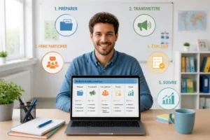 Enseignant organisant cinq outils numériques pour préparer, transmettre, faire participer, évaluer et suivre ses élèves en classe