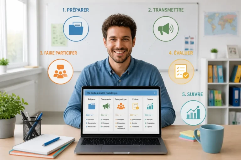 Enseignant organisant cinq outils numériques pour préparer, transmettre, faire participer, évaluer et suivre ses élèves en classe