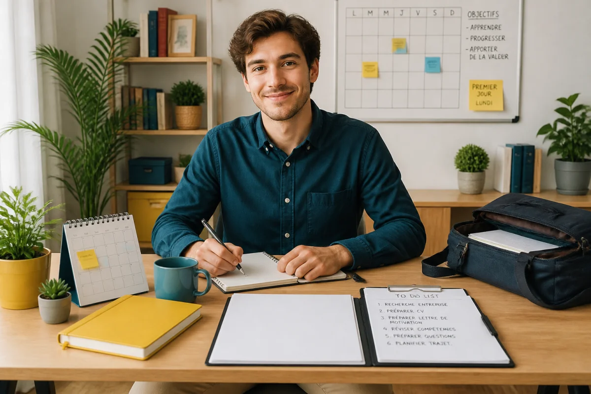 Jeune adulte préparant son stage en entreprise, organisant agenda, carnet et liste de tâches dans un bureau lumineux.