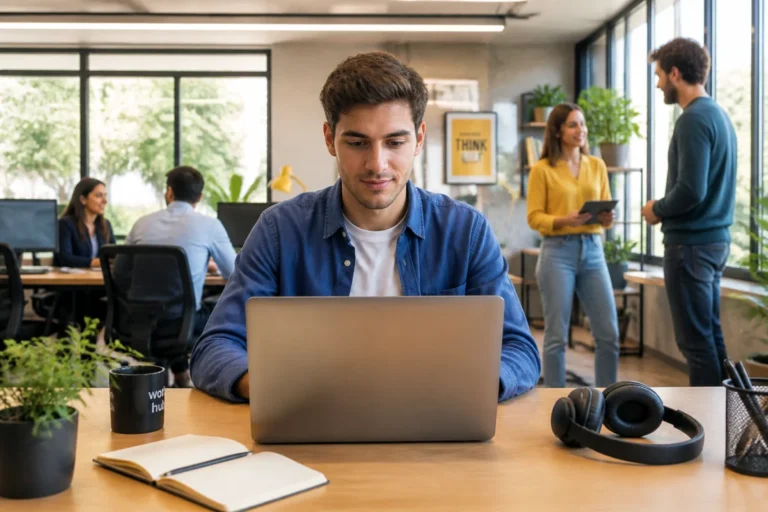 Jeune stagiaire autonome sur ordinateur dans un bureau lumineux, échangeant avec ses collègues pour réussir son stage en entreprise.