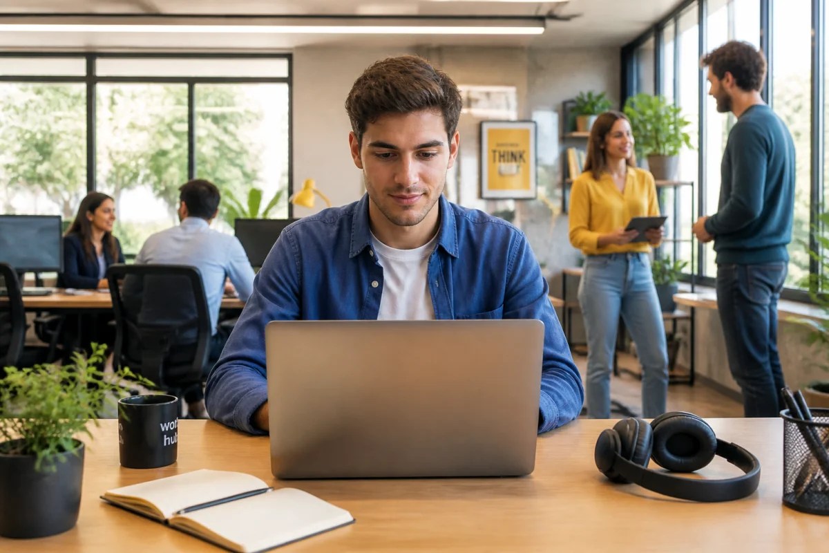 Jeune stagiaire autonome sur ordinateur dans un bureau lumineux, échangeant avec ses collègues pour réussir son stage en entreprise.