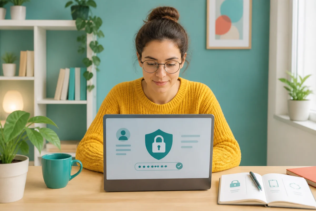 Débutant en informatique protégeant ses comptes en ligne avec un ordinateur portable et un cadenas numérique sécurisé