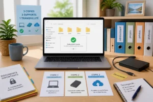 Sécurité informatique pour débutants : ordinateur organisé, disque externe déconnecté et sauvegardes en ligne pour protéger les fichiers.