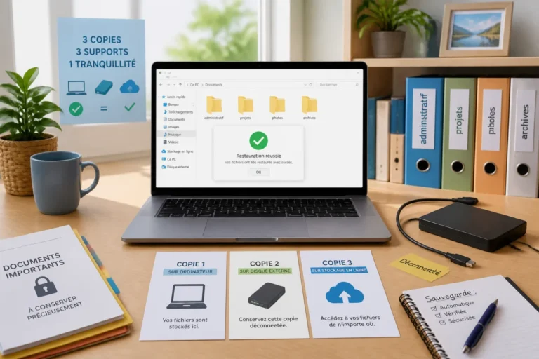 Sécurité informatique pour débutants : ordinateur organisé, disque externe déconnecté et sauvegardes en ligne pour protéger les fichiers.